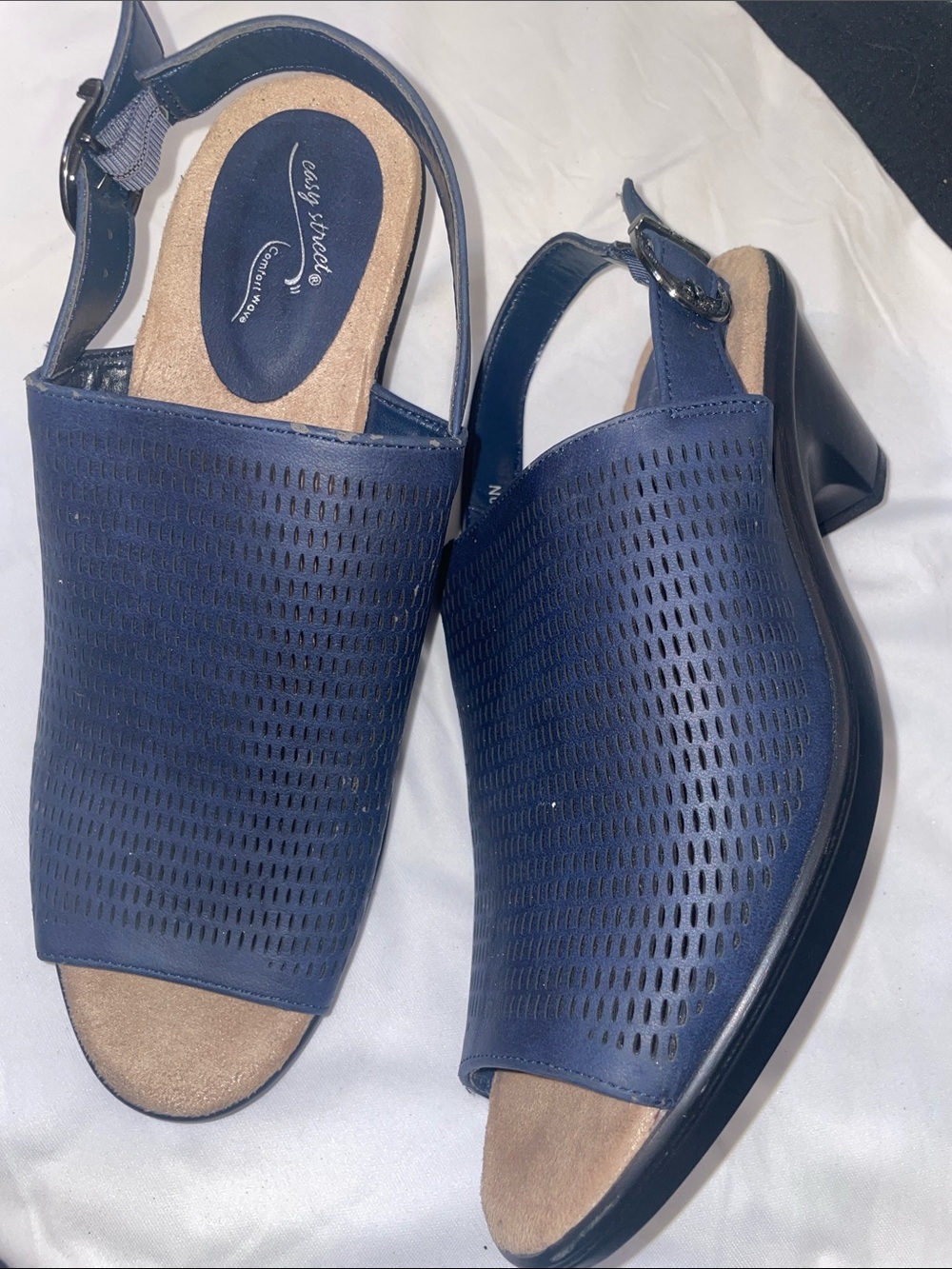 easy street Navy Perforated Slingback Block Heel Mules